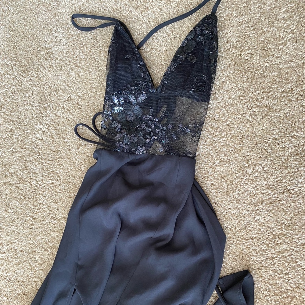 Black lace cross back prom dress